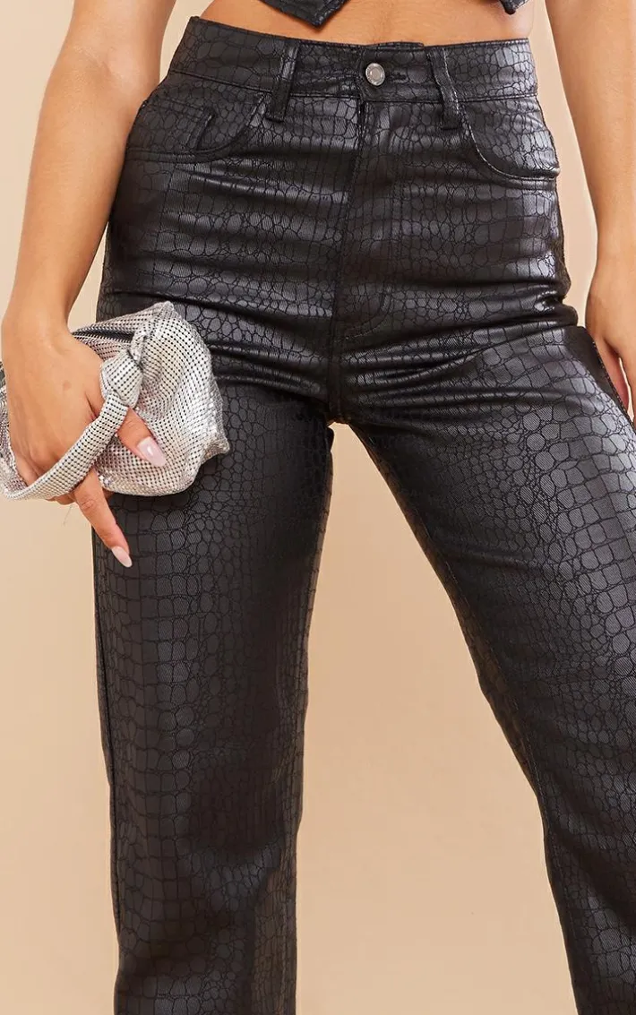 Black Croc Print Coated Denim Straight Leg Jeans