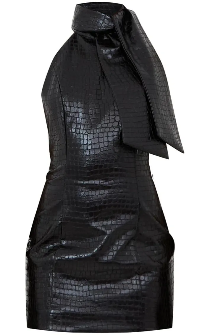 Black Croc PU Bow Detail Bodycon Dress