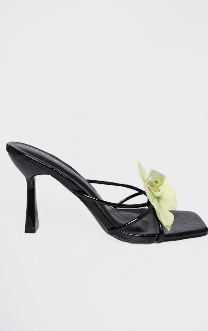 Black Croc PU Lime Flower Square Toe Heeled Mules