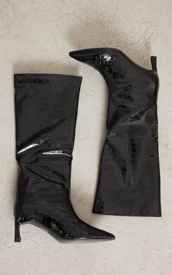 Black Croc PU Point Toe Low Heeled Knee Boots