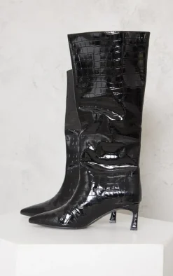 Black Croc PU Point Toe Low Heeled Knee Boots