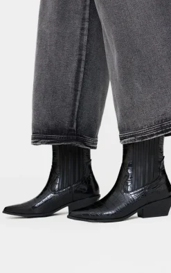 Black Croc PU Point Toe Low Block Heel Western Ankle Boots