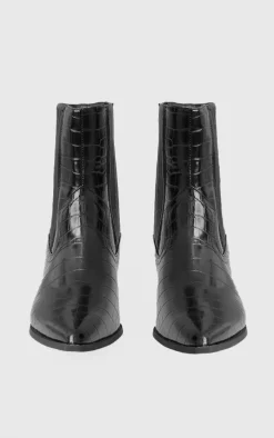 Black Croc PU Point Toe Low Block Heel Western Ankle Boots