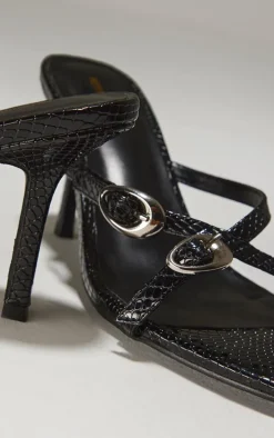 Black Croc PU Round Toe Silver Buckle Cross Strap Detail Heeled Sandals