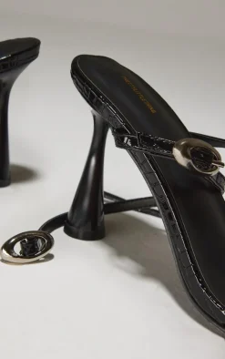 Black Croc PU Round Toe Silver Buckle Cross Strap Detail High Heeled Sandals