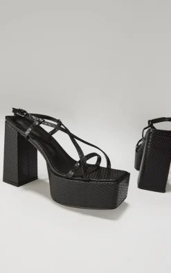 Black Croc PU Square Toe Cross Strap Platform Heeled Sandals
