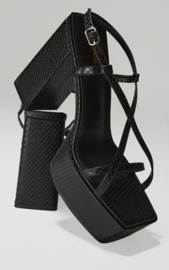 Black Croc PU Square Toe Cross Strap Platform Heeled Sandals