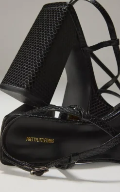 Black Croc PU Square Toe Cross Strap Platform Heeled Sandals