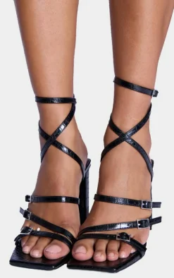 Black Croc PU Square Toe Buckle Strappy Block Heeled Sandals