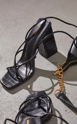 Black Croc PU Toe Loop Lace Up Chunky Block Heeled Sandals