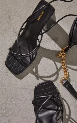Black Croc PU Toe Loop Lace Up Chunky Block Heeled Sandals