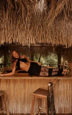 Black Crochet Bandeau Tie Front Beach Top