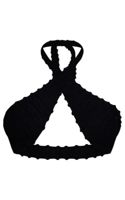 Black Crochet Bandeau Tie Front Beach Top