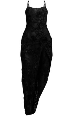 Black Crochet Floral Detail Ruched Midi Dress