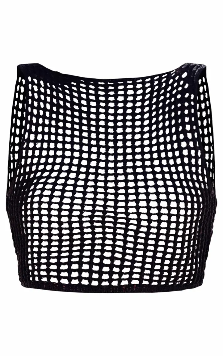 Black Crochet Knit Open Back Racer Top