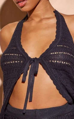 Black Crochet Knit Tie Front Halterneck Top