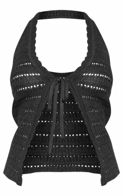 Black Crochet Knit Tie Front Halterneck Top