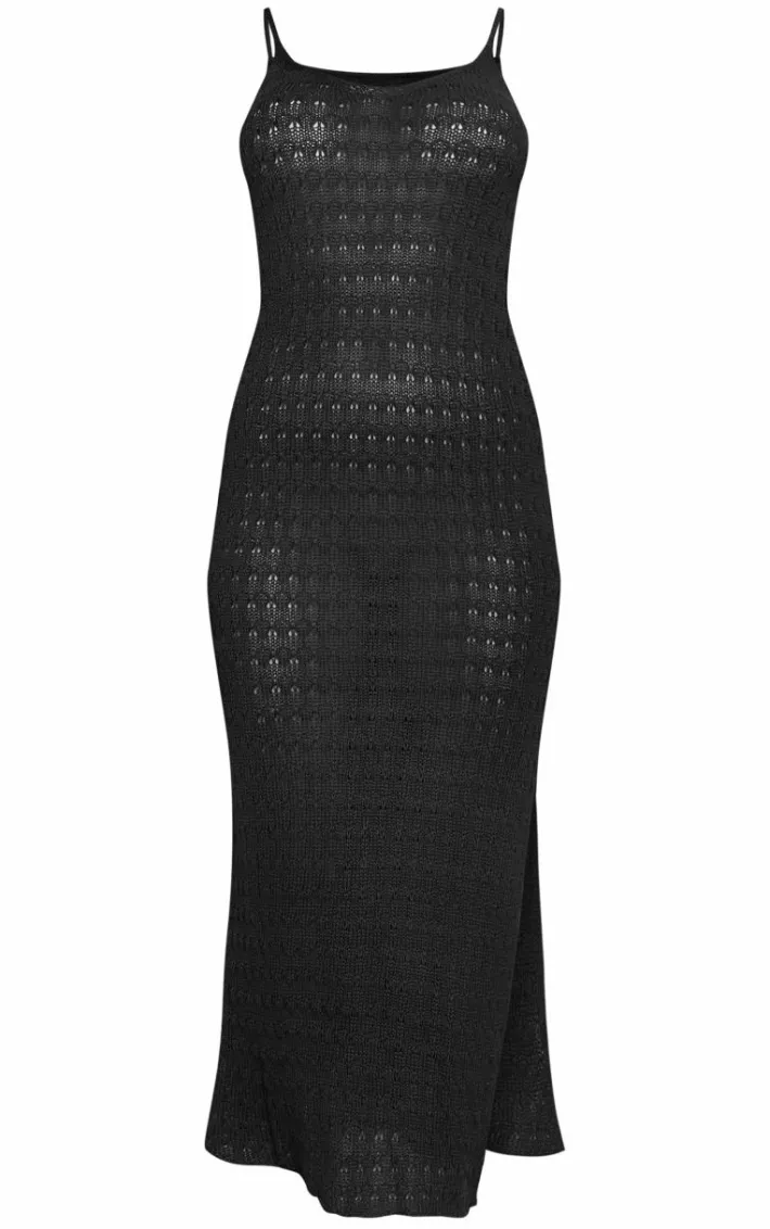Black Crochet Knitted Side Split Maxi Dress