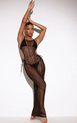 Black Crochet Netted Halterneck Side Split Beach Dress