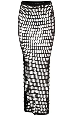 Black Crochet Open Knit Beach Maxi Skirt