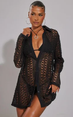 Black Crochet Oversized Beach Shirt