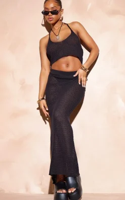 Black Crochet Plain Knit Halterneck Crop Top