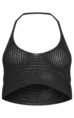 Black Crochet Plain Knit Halterneck Crop Top