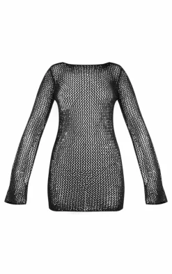 Black Crochet Sequin Knit Long Sleeve Mini Dress