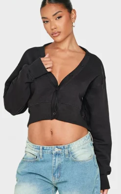 Black Cropped Button Front Sweatshirt