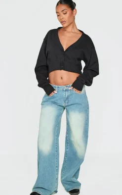 Black Cropped Button Front Sweatshirt
