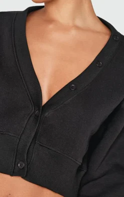 Black Cropped Button Front Sweatshirt