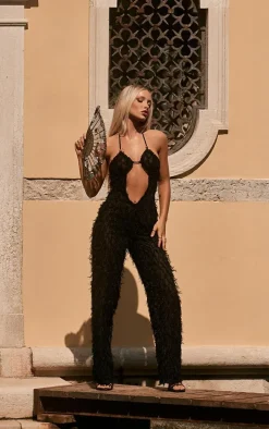 Black Cross Front Textured Wide Leg Jumpsuit