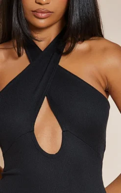 Black Cross Neck Cut Out Rib Bodycon Dress