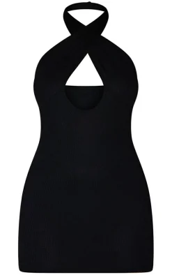 Black Cross Neck Cut Out Rib Bodycon Dress