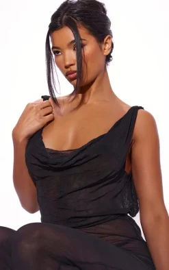 Black Crushed Mesh Cowl Backless Jumpsuit