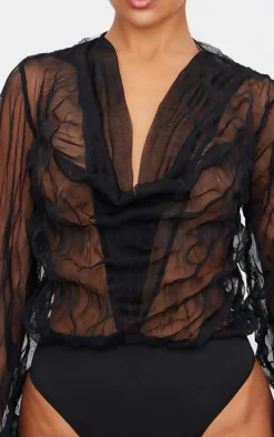 Black Crushed Mesh Sheer Cowl Bodysuit