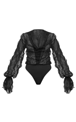Black Crushed Mesh Sheer Cowl Bodysuit