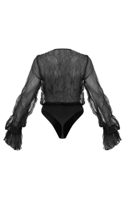 Black Crushed Mesh Sheer Cowl Bodysuit