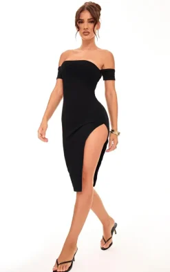 Black Cuff Detail Side Split Midi Dress