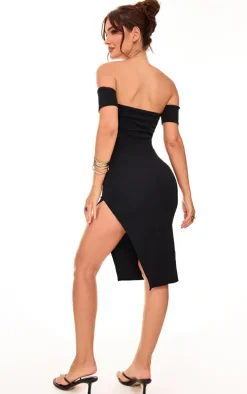 Black Cuff Detail Side Split Midi Dress