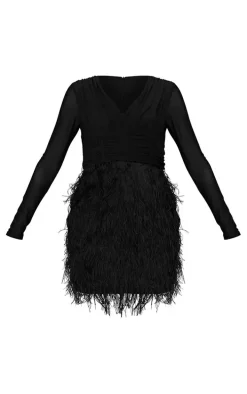 Black Cup Detail Faux Feather Bodycon Dress
