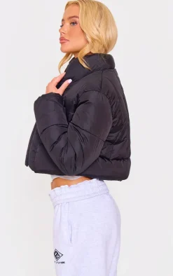 Black Curved Collar Seam Detail Cropped Puffer Jacket
