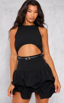 Black Cut Out Belted Frill Hem Mini Dress