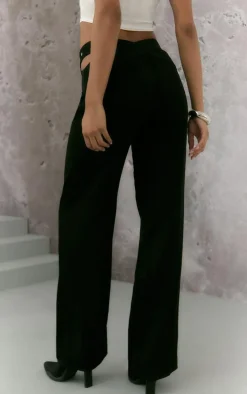Black Cut Out Buckle Detail Waistband Straight Leg Pants