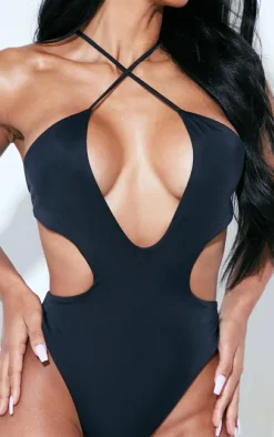 Black Cut Out Cross Front Swimsuit