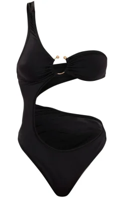 Black Cut Out Trim One Shoulder Swimsuit