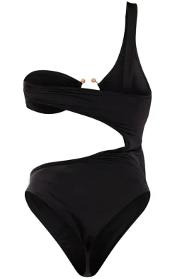 Black Cut Out Trim One Shoulder Swimsuit