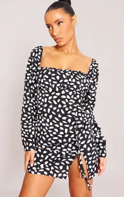 Black Dalmatian Print Bow Detail Side Split Bodycon Dress