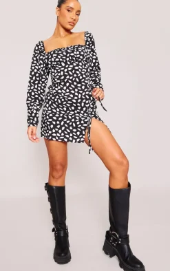 Black Dalmatian Print Bow Detail Side Split Bodycon Dress