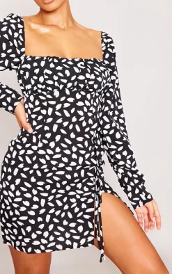 Black Dalmatian Print Bow Detail Side Split Bodycon Dress